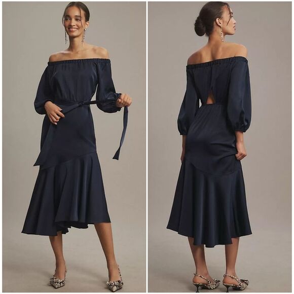 Sachin & Babi Kai Satin Crepe Mermaid Dress Off Shoulder Navy Blue Sz 2 NEW - Picture 2 of 14